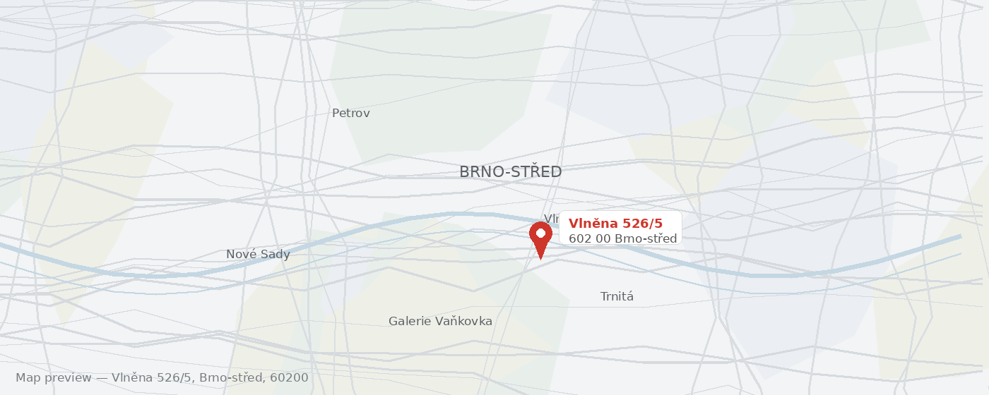 Map centered on Vlněna 526/5, Brno-střed